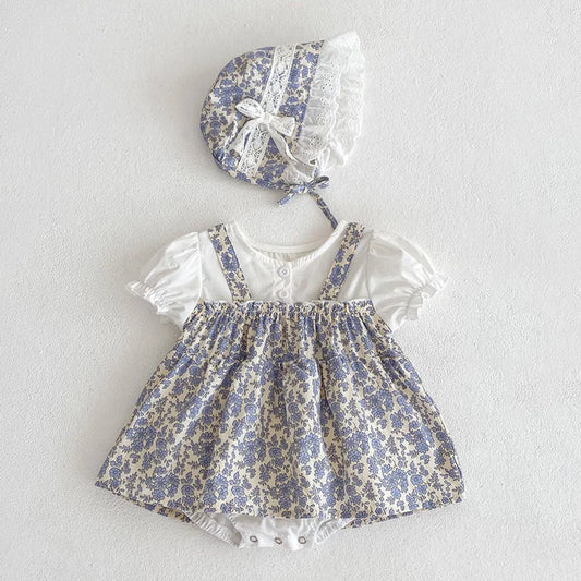 0-24M Baby Clothes 2024 New Summer Infant Baby Girl Bodysuits+Hat Short Sleeved Cotton Print Splicing Toddler Baby Jumpsuit
