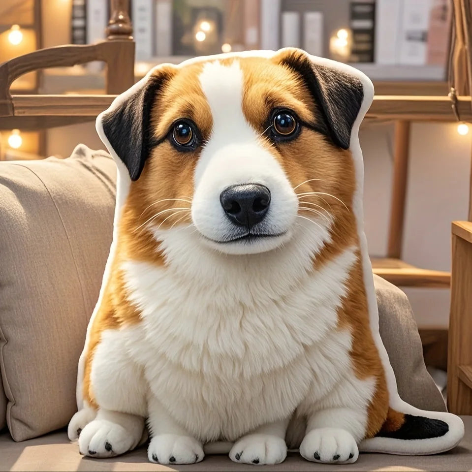 Customizable pet shaped plush pillow with personalized photos, real dog and cat seat cushions, polyester knitted fabric