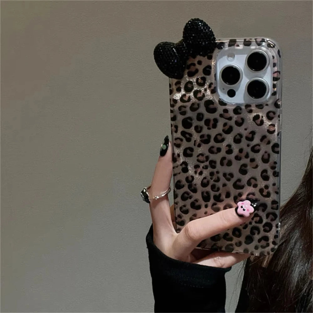 Korean Stylish Leopard Print Laser Phone Case For Iphone 16 15 14 11 13 12 Pro Max 14 Plus Luxury Rhinestone Bowknot Soft Cover