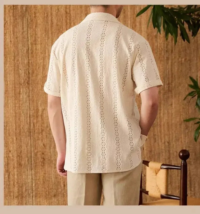 Summer Thin Jacket Short-sleeved Shirt Mature Hollow Versatile Vacation Cuban Collar Casual Shirt Men