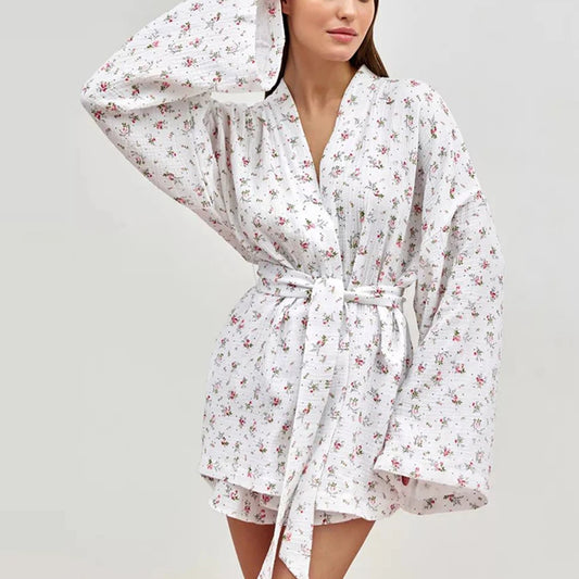 Women's Pajamas With Belt Casual Long-sleeved Shorts Pants Sleepwear Pyjama Nightwear Home Wear