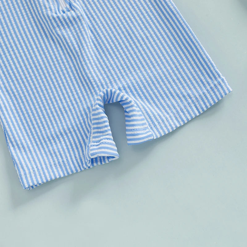 Summer Toddler Kids Baby Boy Swimsuits Striped Print Zipper O-neck Short Sleeve Jumpsuits Rash Guard Swimwear Hats Bathing Suits