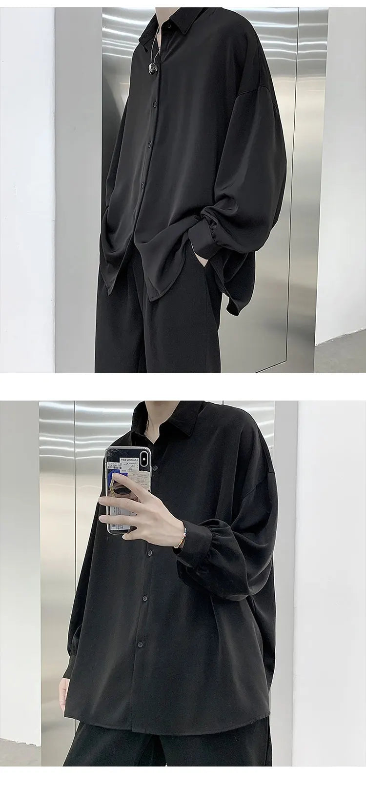 Free Black Tie Long-sleeved Shirts Men Korean Comfortable Blouses Casual Loose Single Breasted Shirt Mens Tshirt