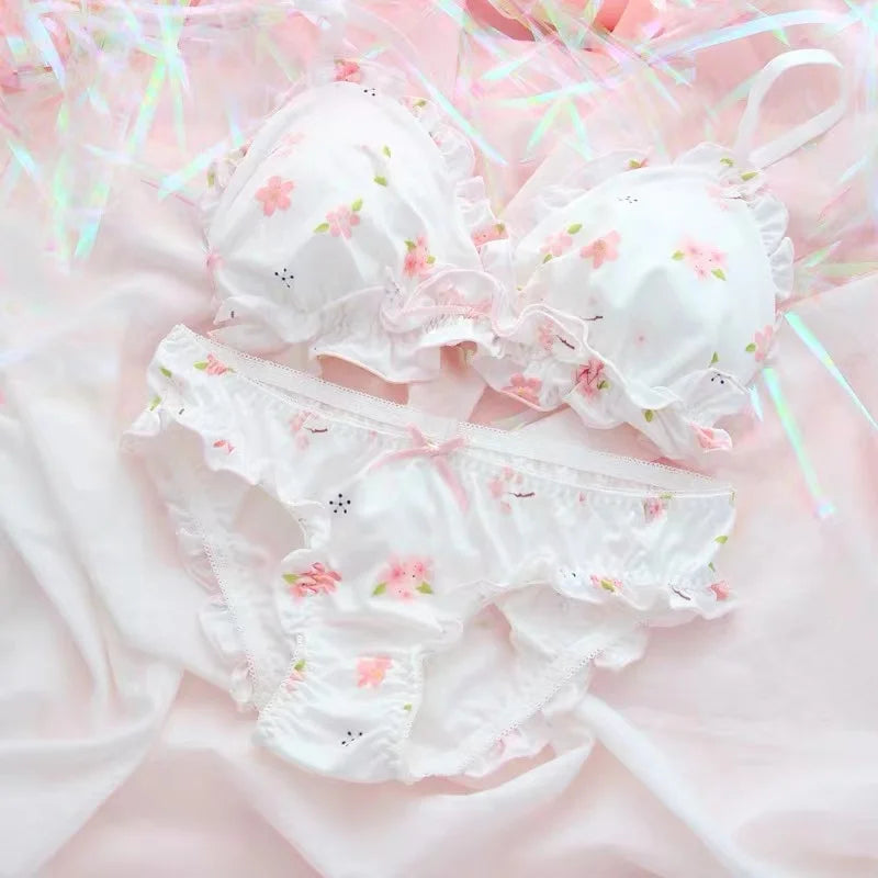 Underwear Set Women Kawaii Japanese Bra & Panties Set Wirefree Soft Underwear Sleep Intimates