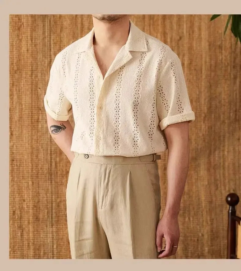 Summer Thin Jacket Short-sleeved Shirt Mature Hollow Versatile Vacation Cuban Collar Casual Shirt Men