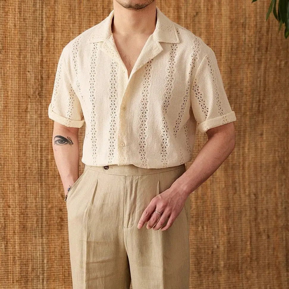 Summer Thin Jacket Short-sleeved Shirt Mature Hollow Versatile Vacation Cuban Collar Casual Shirt Men