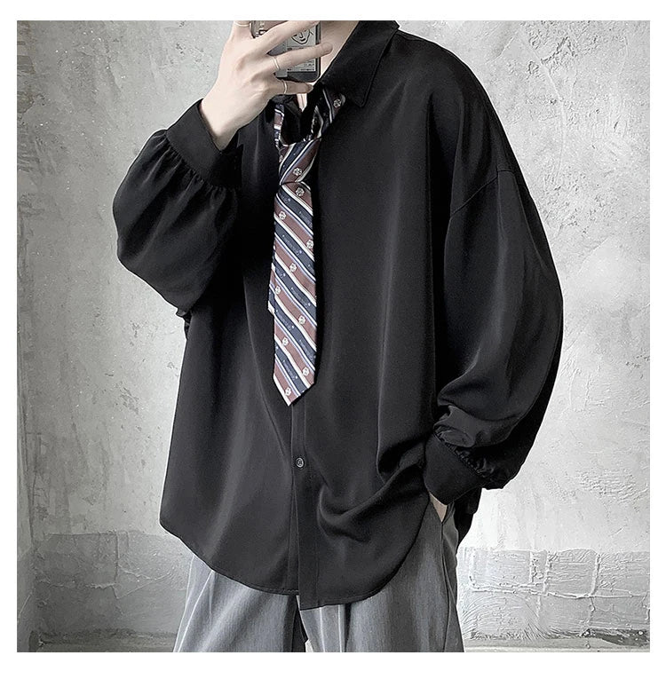 Free Black Tie Long-sleeved Shirts Men Korean Comfortable Blouses Casual Loose Single Breasted Shirt Mens Tshirt