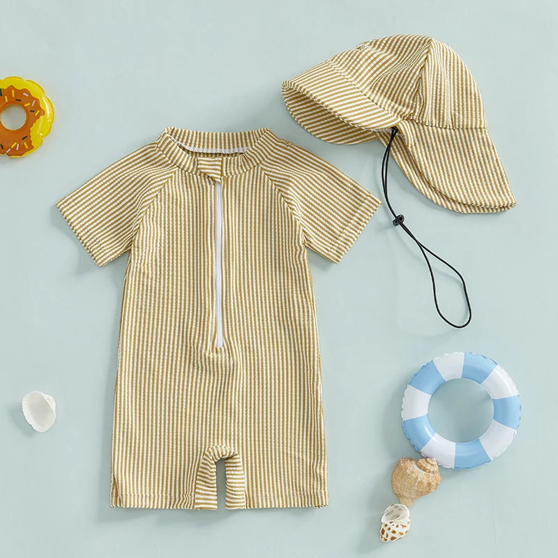 Summer Toddler Kids Baby Boy Swimsuits Striped Print Zipper O-neck Short Sleeve Jumpsuits Rash Guard Swimwear Hats Bathing Suits