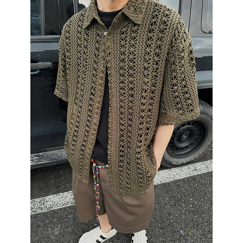 Fashion Army Green Knitted Hollow out Shirt Men Streetwear Transparent Lapel Short Sleeve