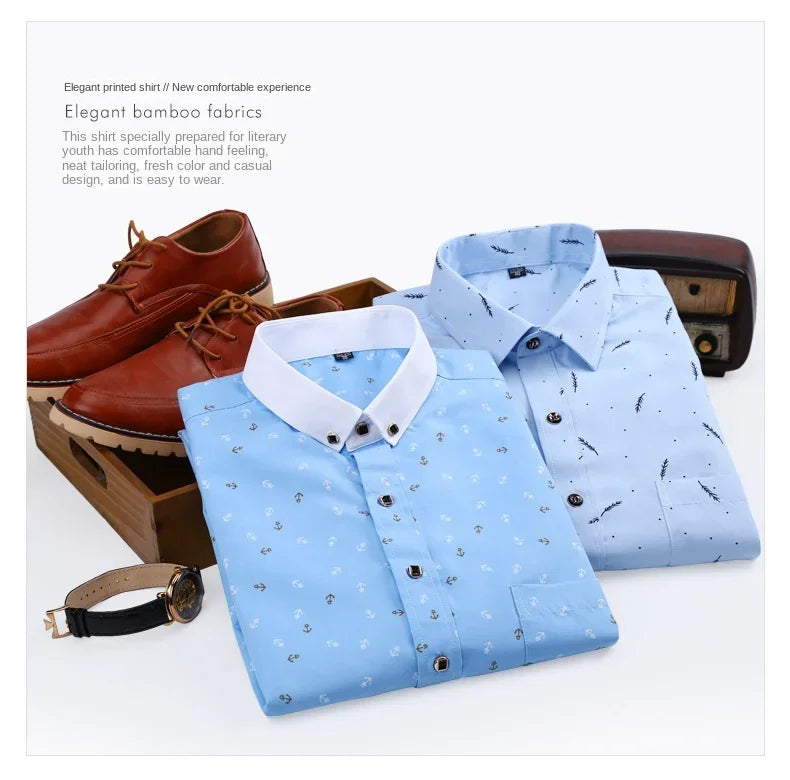 New Men's Printed Long Sleeve Shirt Youth Plaid Versatile Shirt Casual Fashion Floral Inch Shirt Iron-free Process