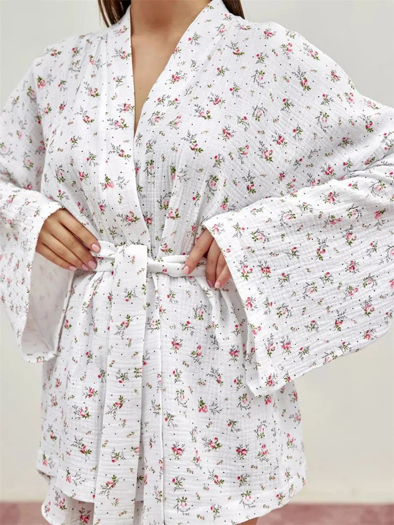 Women's Pajamas With Belt Casual Long-sleeved Shorts Pants Sleepwear Pyjama Nightwear Home Wear