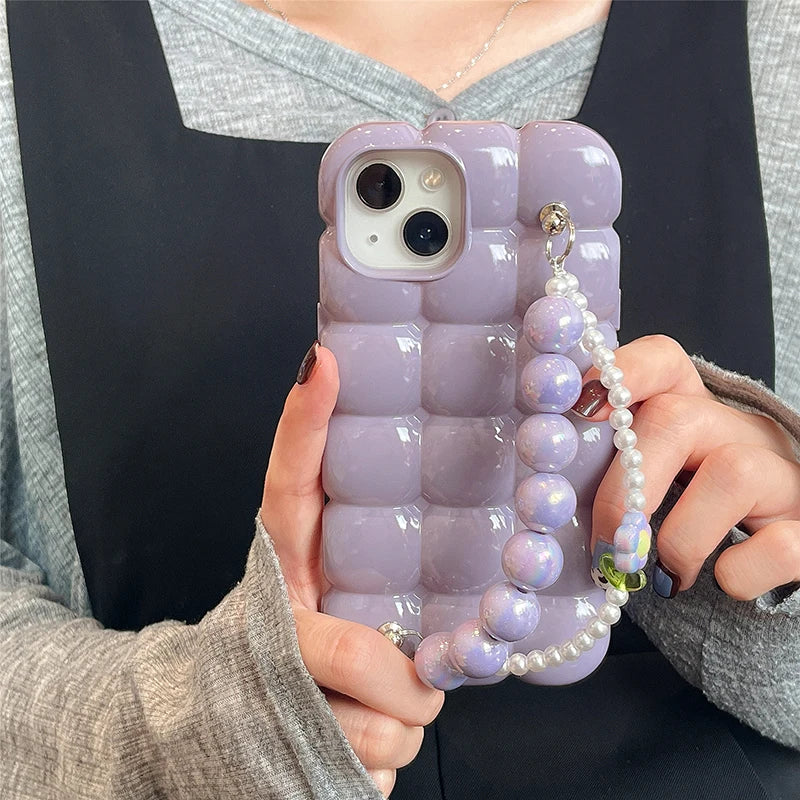 Luxury Pearl Bracelet Chain 3D Ice Lattice Case For iPhone 13 Pro Max 16 15 14 11 12 Shockproof Phone Back Cover Funda