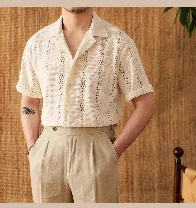 Summer Thin Jacket Short-sleeved Shirt Mature Hollow Versatile Vacation Cuban Collar Casual Shirt Men