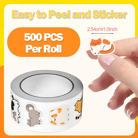 500Pcs/Roll Cute Pet Mimi Cats Stickers 2.5cm/1.0'' 16 Designs Decals Diy Adorn Gifts Suitable for Various Packaging Home Decor