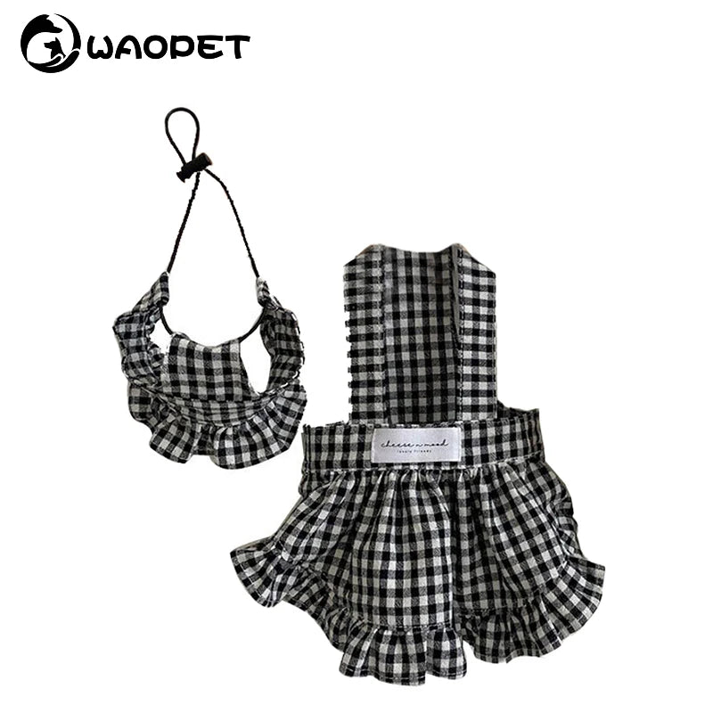 Fashion Dog Clothing Modern Style Black White Plaid Skirt With Hat Suit Dog Clothes Dresses Pet Accessories Puppy Summer Clothes