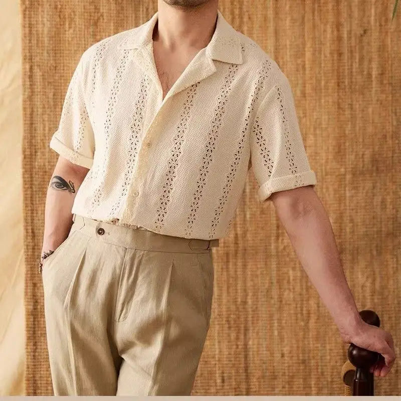 Summer Thin Jacket Short-sleeved Shirt Mature Hollow Versatile Vacation Cuban Collar Casual Shirt Men
