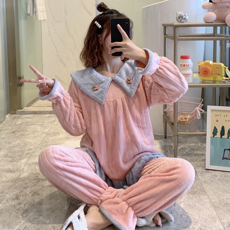 Pajamas Set Women Cute Bunny Coral Fleece Warm Sleepwear Home Clothes Girls Kawaii Cartoon Pijama 2 Piece