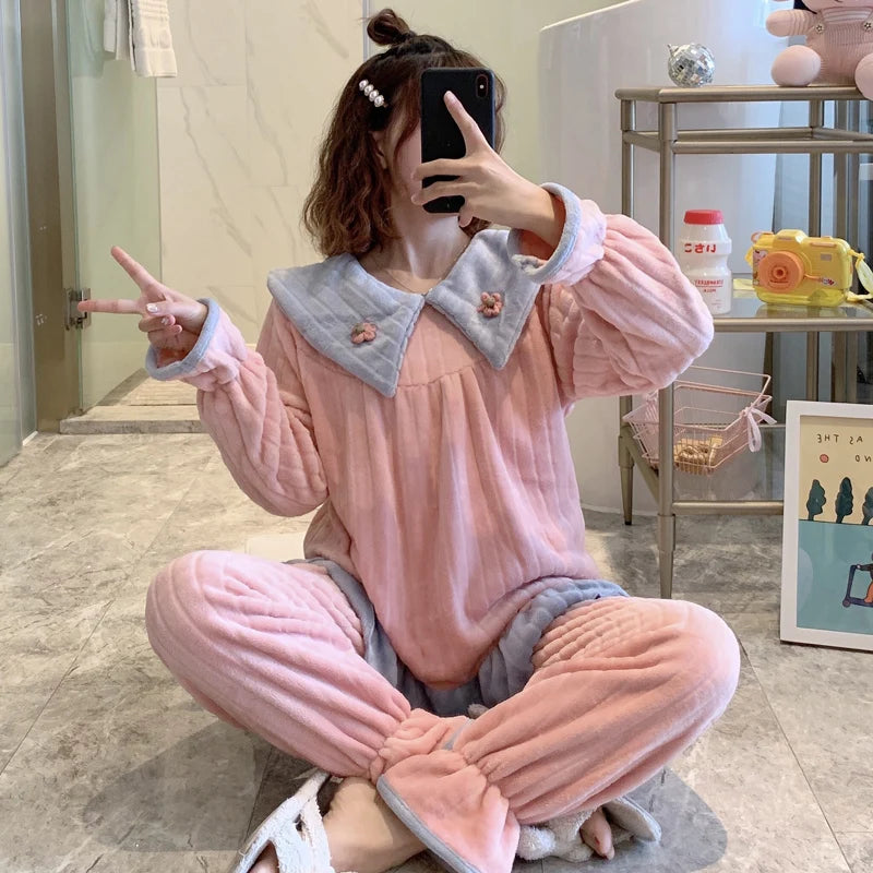 Pajamas Set Women Cute Bunny Coral Fleece Warm Sleepwear Home Clothes Girls Kawaii Cartoon Pijama 2 Piece
