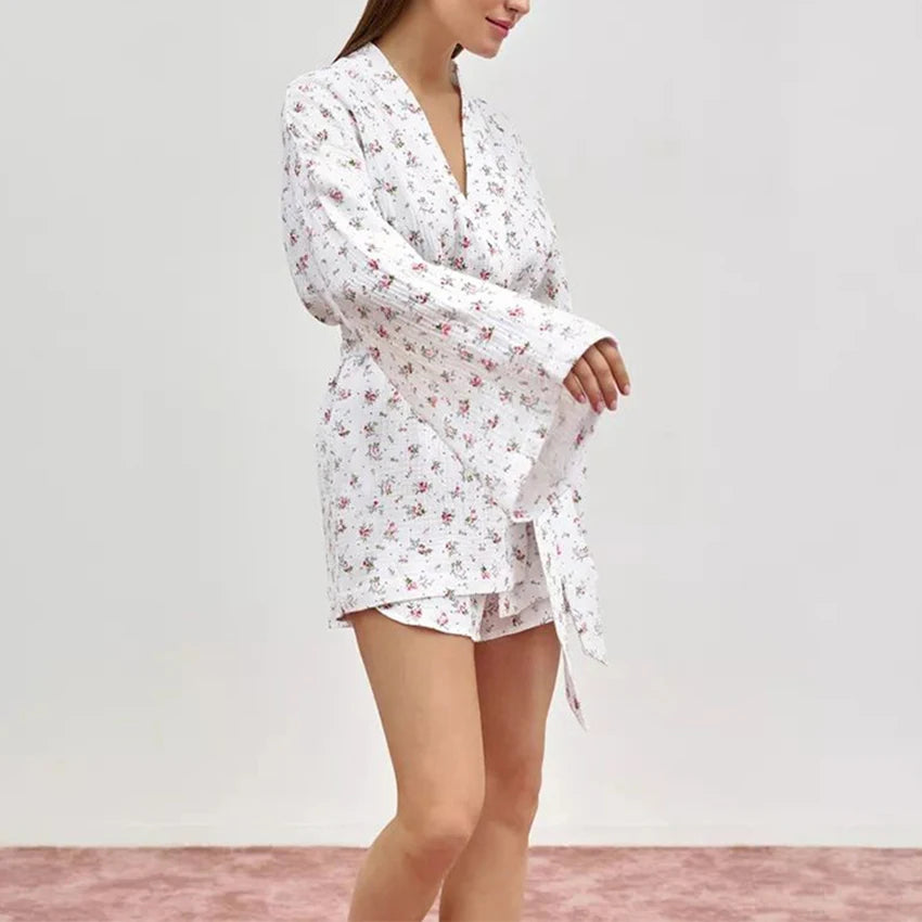 Women's Pajamas With Belt Casual Long-sleeved Shorts Pants Sleepwear Pyjama Nightwear Home Wear