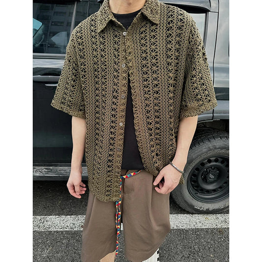 Fashion Army Green Knitted Hollow out Shirt Men Streetwear Transparent Lapel Short Sleeve