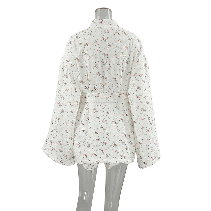 Women's Pajamas With Belt Casual Long-sleeved Shorts Pants Sleepwear Pyjama Nightwear Home Wear