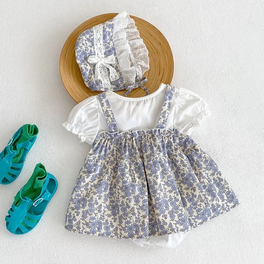 0-24M Baby Clothes 2024 New Summer Infant Baby Girl Bodysuits+Hat Short Sleeved Cotton Print Splicing Toddler Baby Jumpsuit