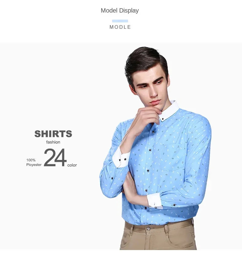 New Men's Printed Long Sleeve Shirt Youth Plaid Versatile Shirt Casual Fashion Floral Inch Shirt Iron-free Process