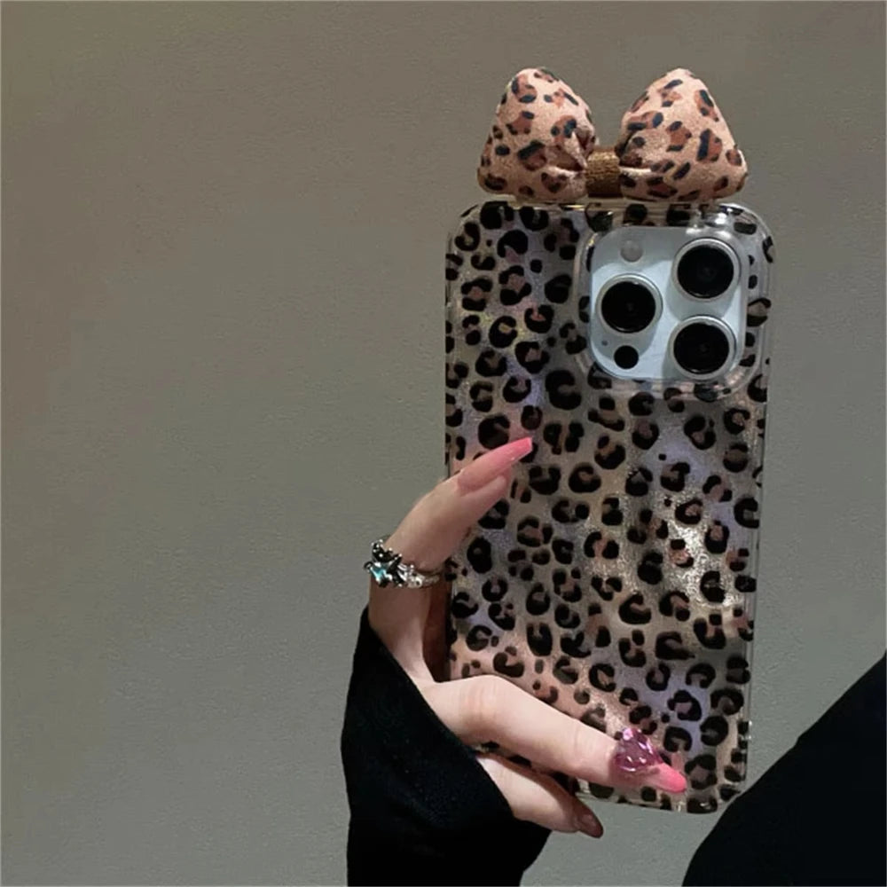 Korean Stylish Leopard Print Laser Phone Case For Iphone 16 15 14 11 13 12 Pro Max 14 Plus Luxury Rhinestone Bowknot Soft Cover