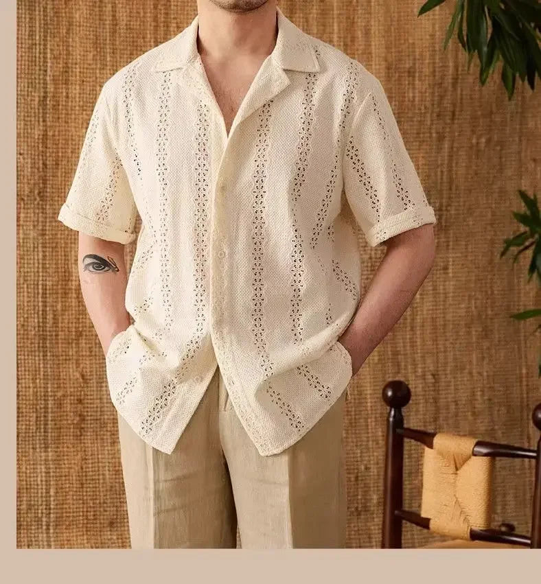 Summer Thin Jacket Short-sleeved Shirt Mature Hollow Versatile Vacation Cuban Collar Casual Shirt Men