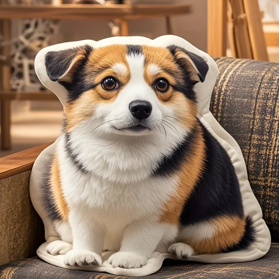 Customizable pet shaped plush pillow with personalized photos, real dog and cat seat cushions, polyester knitted fabric