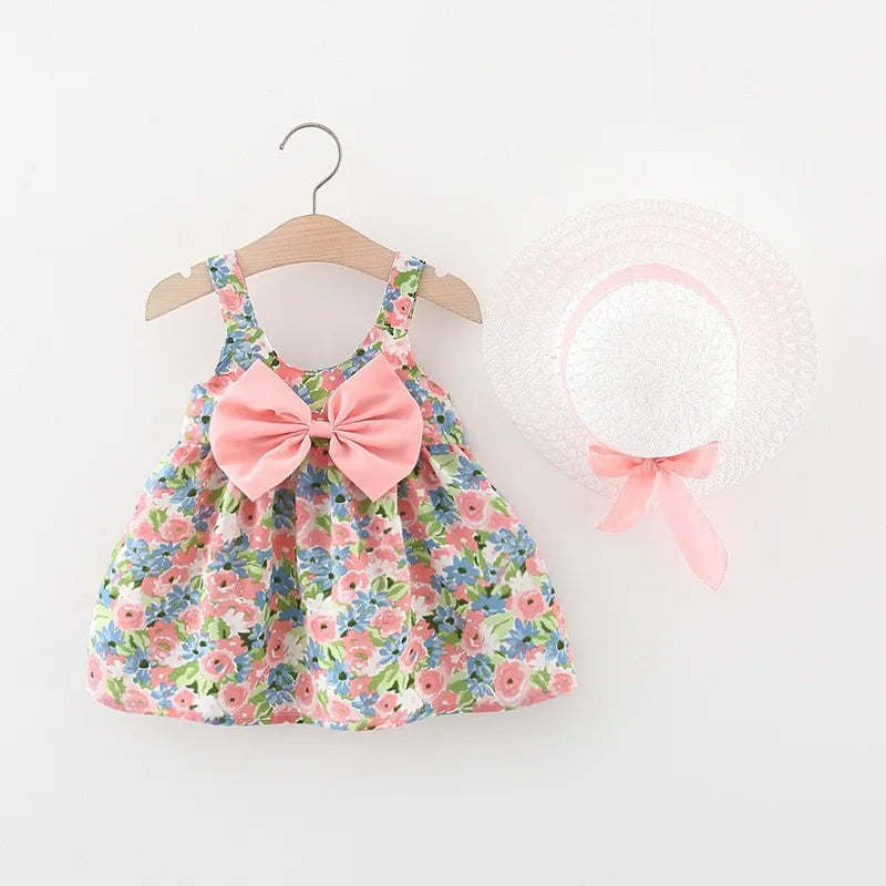 2Pcs/SetChildren's clothing girl's dress summer new Korean version suspender bow flower beach skirt with the same hat