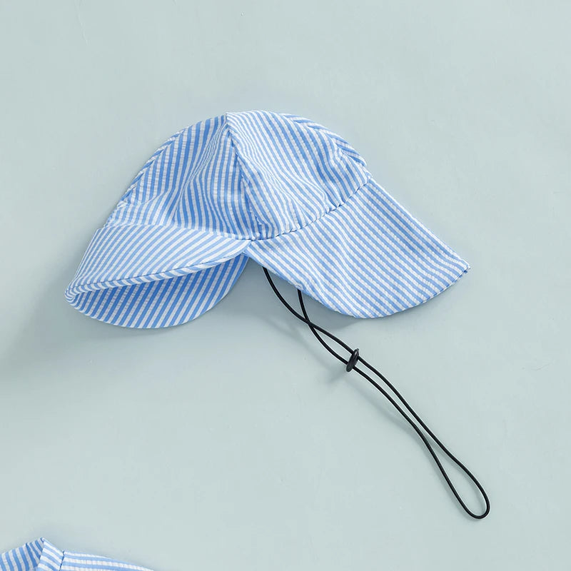 Summer Toddler Kids Baby Boy Swimsuits Striped Print Zipper O-neck Short Sleeve Jumpsuits Rash Guard Swimwear Hats Bathing Suits