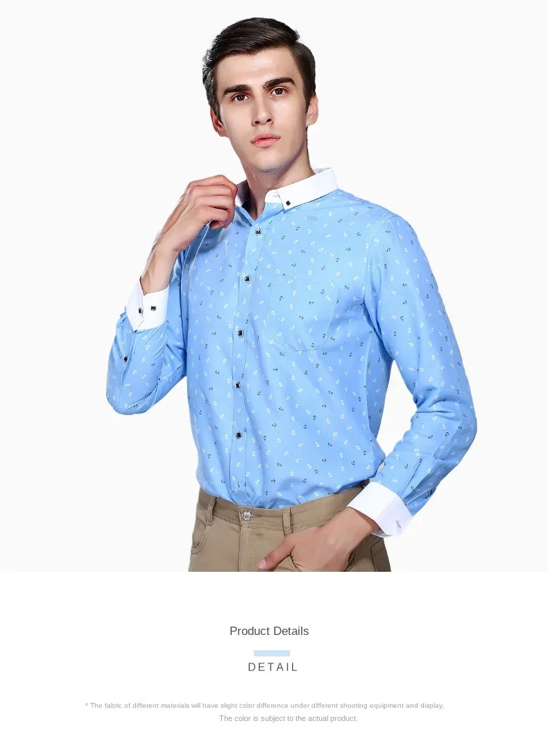 New Men's Printed Long Sleeve Shirt Youth Plaid Versatile Shirt Casual Fashion Floral Inch Shirt Iron-free Process