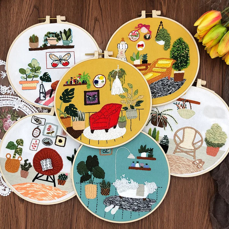 DIY Embroidery Kits Beginner Handmade Needlework Crafts Set Embroidery Hoop Fancywork Sewing Needle Cross Stitch Decor Painting
