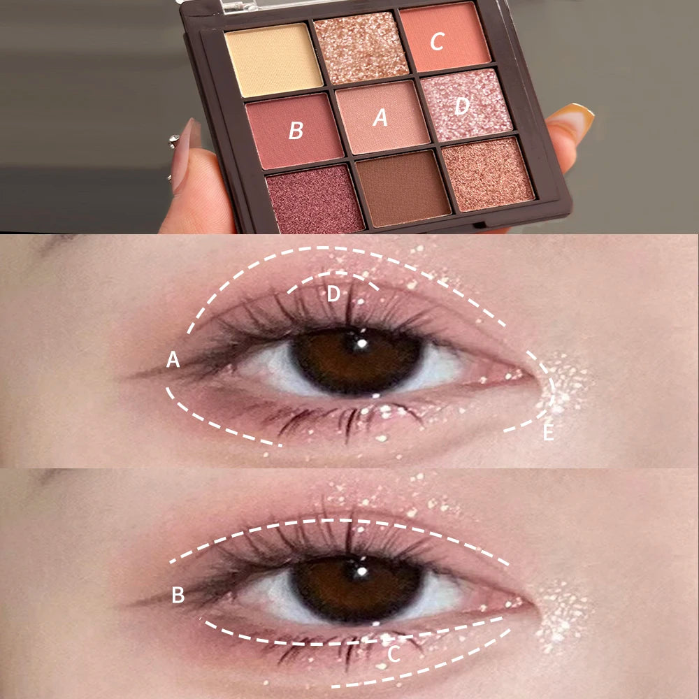 9 Colors Eyeshadow Palette Glitter Matte Pearl Nude Shimmer Waterproof Long Lasting Nine Palace Eyeshadow Eye Makeup