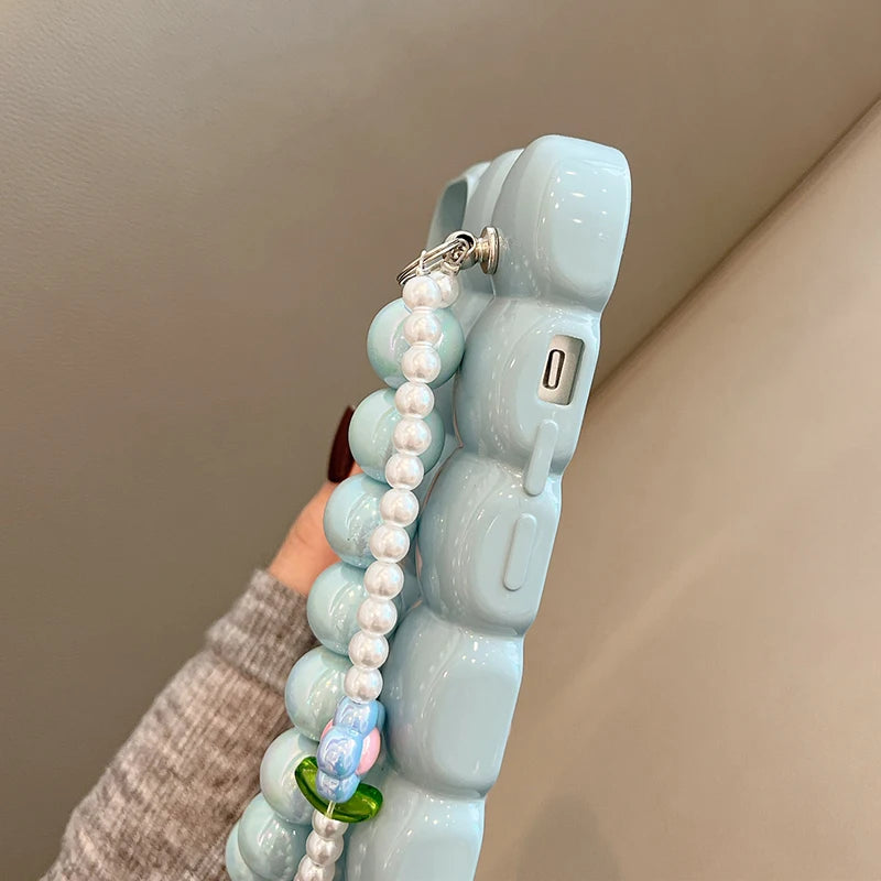 Luxury Pearl Bracelet Chain 3D Ice Lattice Case For iPhone 13 Pro Max 16 15 14 11 12 Shockproof Phone Back Cover Funda