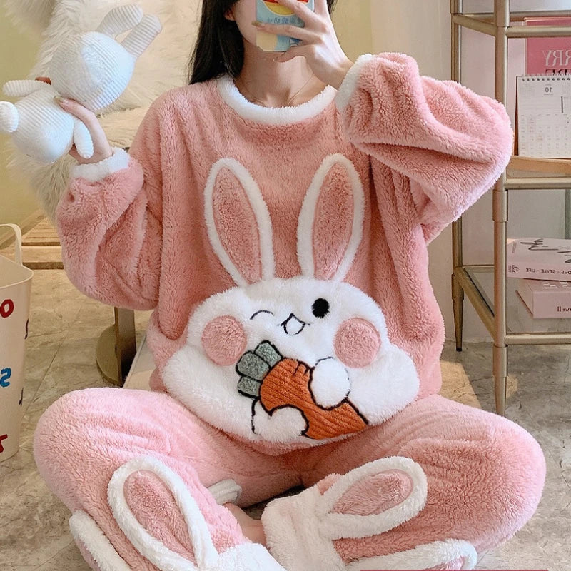 Pajamas Set Women Cute Bunny Coral Fleece Warm Sleepwear Home Clothes Girls Kawaii Cartoon Pijama 2 Piece