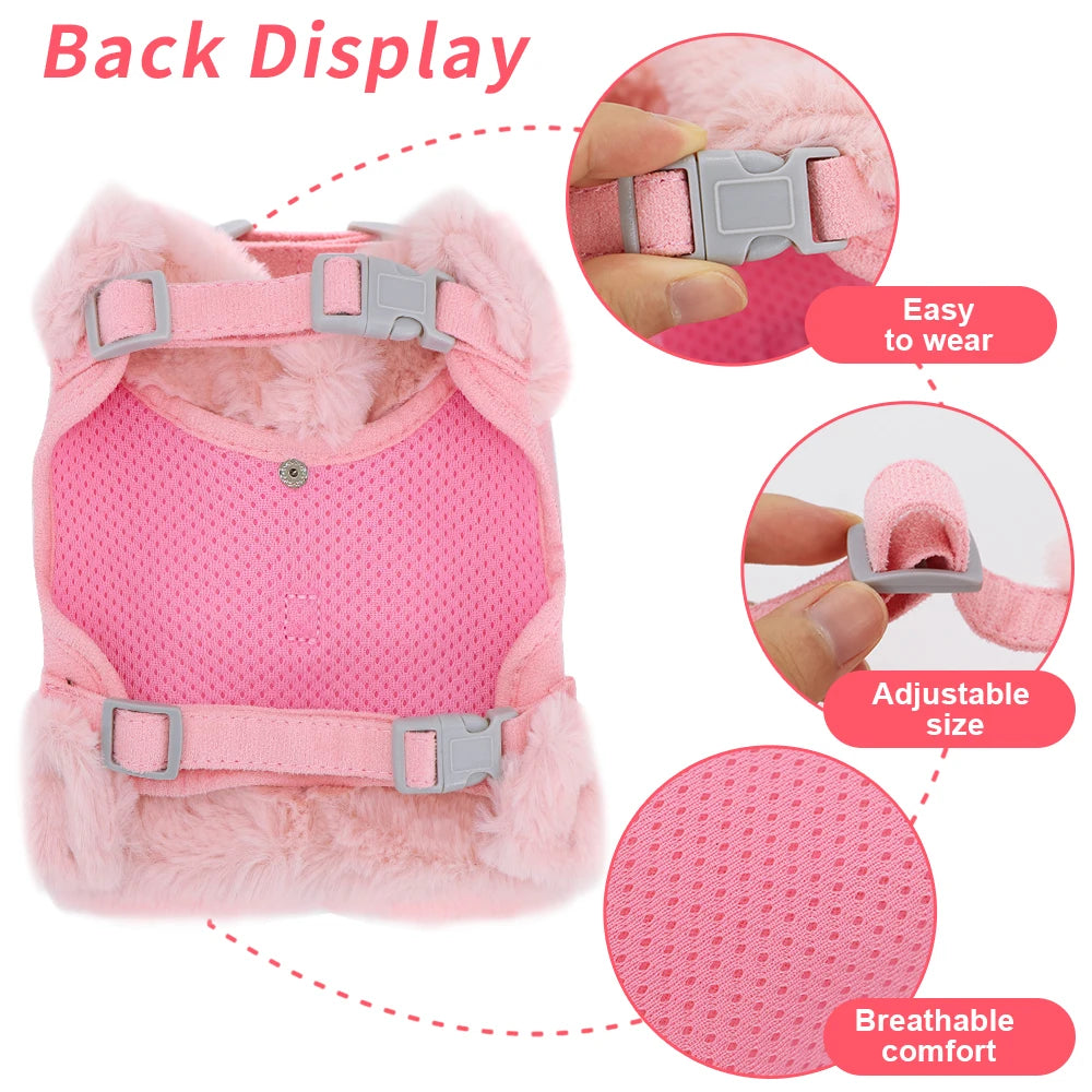 Bowknot Small Dog Cat Harness Leash Set Warm Soft Fur Harness Vest Breathable Puppy Pet Harness Lead For Small Dog Yorkshire Pug