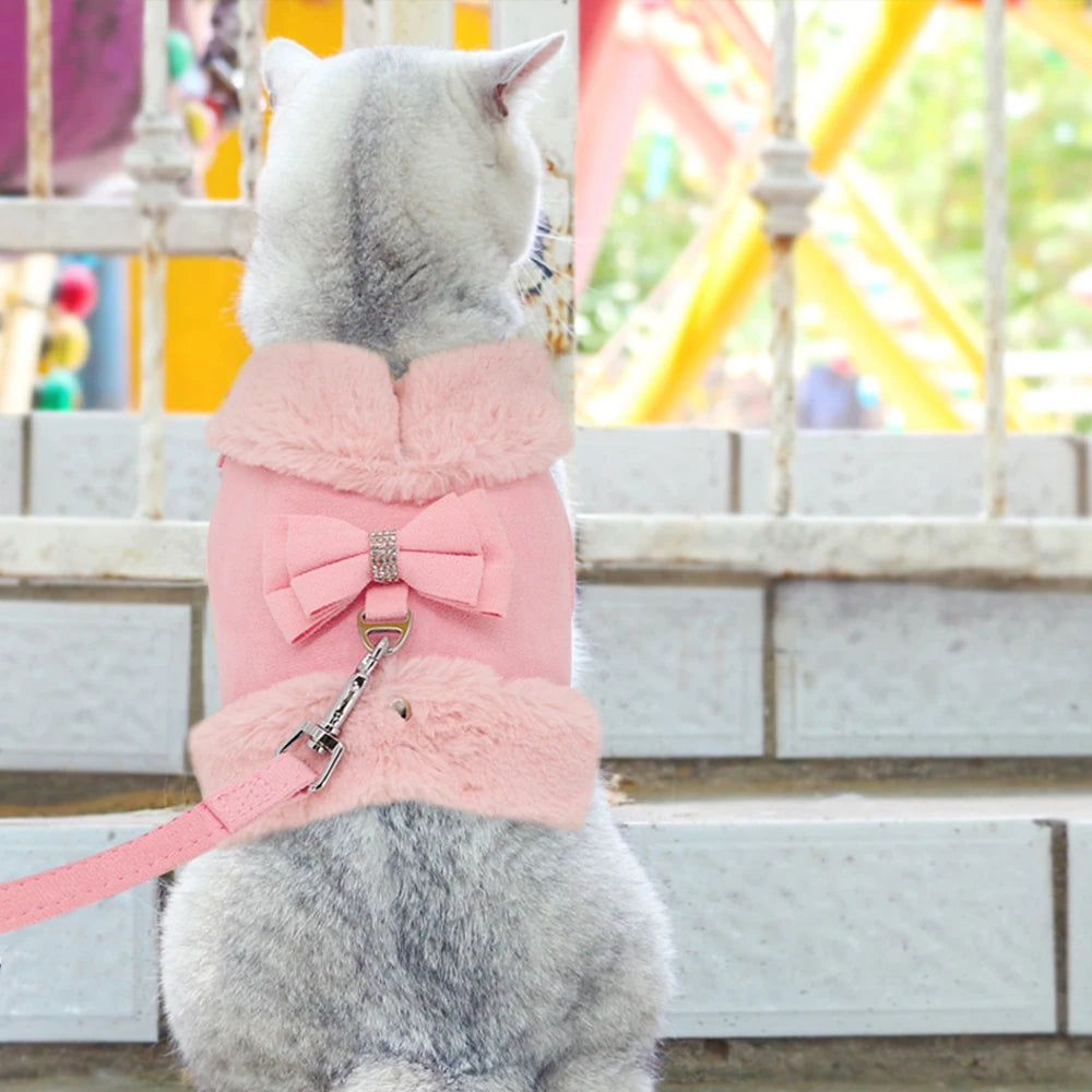 Bowknot Small Dog Cat Harness Leash Set Warm Soft Fur Harness Vest Breathable Puppy Pet Harness Lead For Small Dog Yorkshire Pug