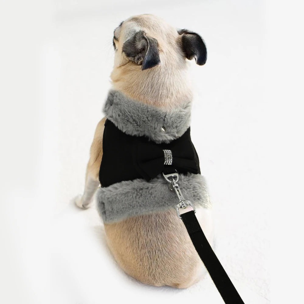 Bowknot Small Dog Cat Harness Leash Set Warm Soft Fur Harness Vest Breathable Puppy Pet Harness Lead For Small Dog Yorkshire Pug