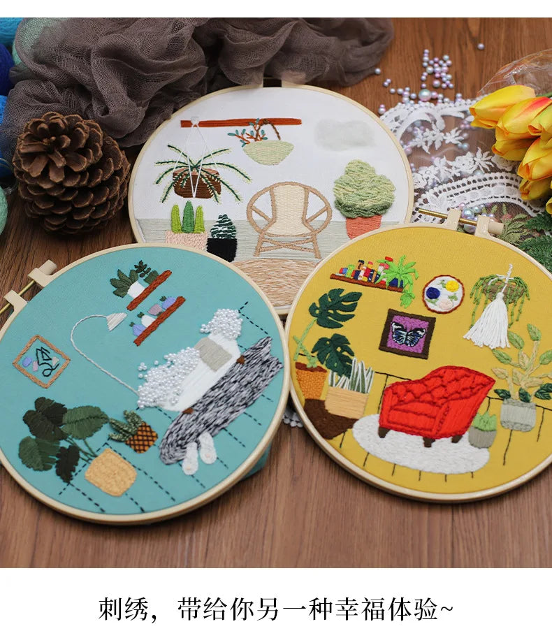 DIY Embroidery Kits Beginner Handmade Needlework Crafts Set Embroidery Hoop Fancywork Sewing Needle Cross Stitch  Decor Painting