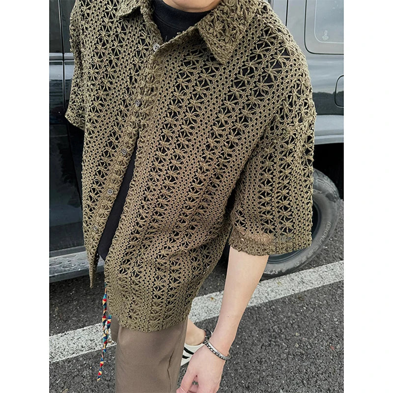 Fashion Army Green Knitted Hollow out Shirt Men Streetwear Transparent Lapel Short Sleeve