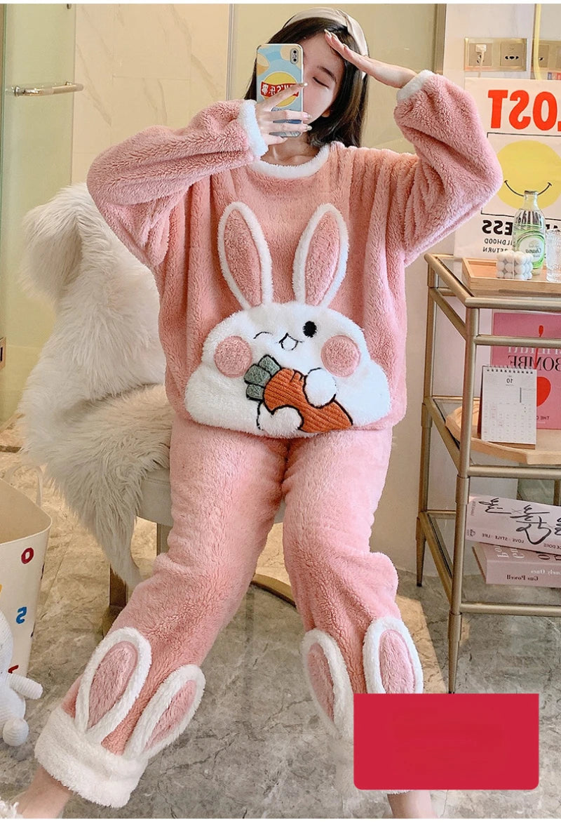 Pajamas Set Women Cute Bunny Coral Fleece Warm Sleepwear Home Clothes Girls Kawaii Cartoon Pijama 2 Piece