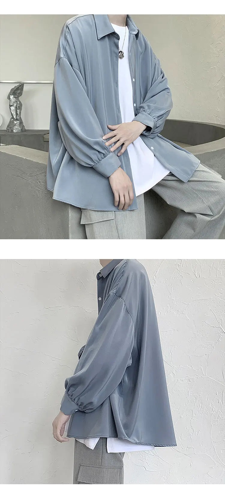 Free Black Tie Long-sleeved Shirts Men Korean Comfortable Blouses Casual Loose Single Breasted Shirt Mens Tshirt