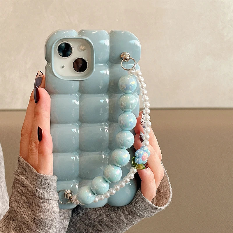 Luxury Pearl Bracelet Chain 3D Ice Lattice Case For iPhone 13 Pro Max 16 15 14 11 12 Shockproof Phone Back Cover Funda