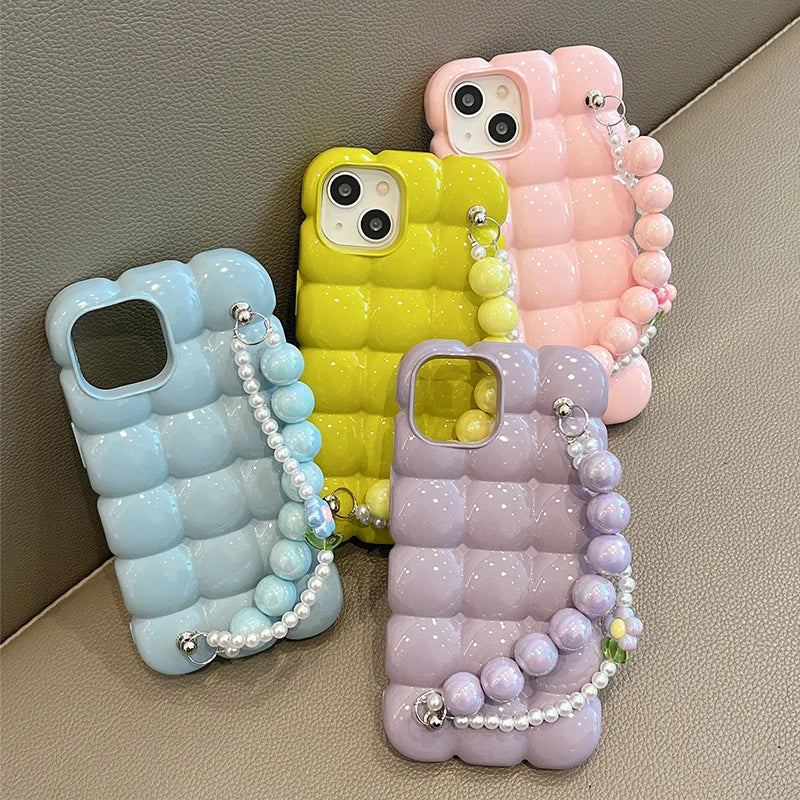 Luxury Pearl Bracelet Chain 3D Ice Lattice Case For iPhone 13 Pro Max 16 15 14 11 12 Shockproof Phone Back Cover Funda