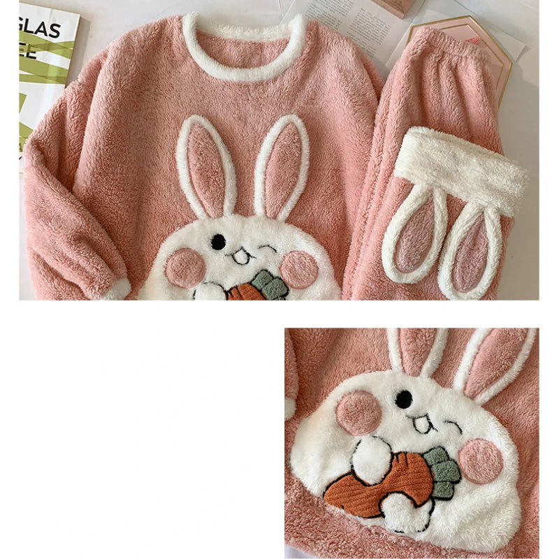 Pajamas Set Women Cute Bunny Coral Fleece Warm Sleepwear Home Clothes Girls Kawaii Cartoon Pijama 2 Piece