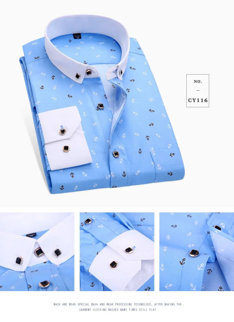 New Men's Printed Long Sleeve Shirt Youth Plaid Versatile Shirt Casual Fashion Floral Inch Shirt Iron-free Process