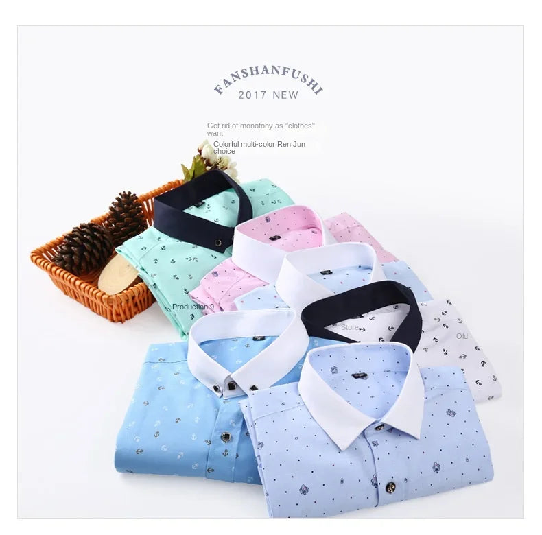 New Men's Printed Long Sleeve Shirt Youth Plaid Versatile Shirt Casual Fashion Floral Inch Shirt Iron-free Process