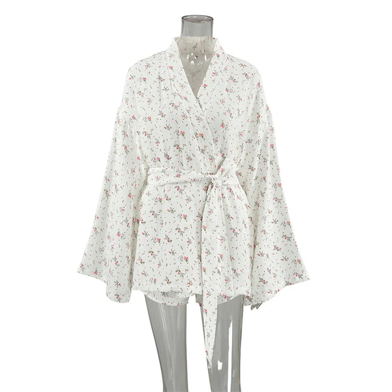 Women's Pajamas With Belt Casual Long-sleeved Shorts Pants Sleepwear Pyjama Nightwear Home Wear